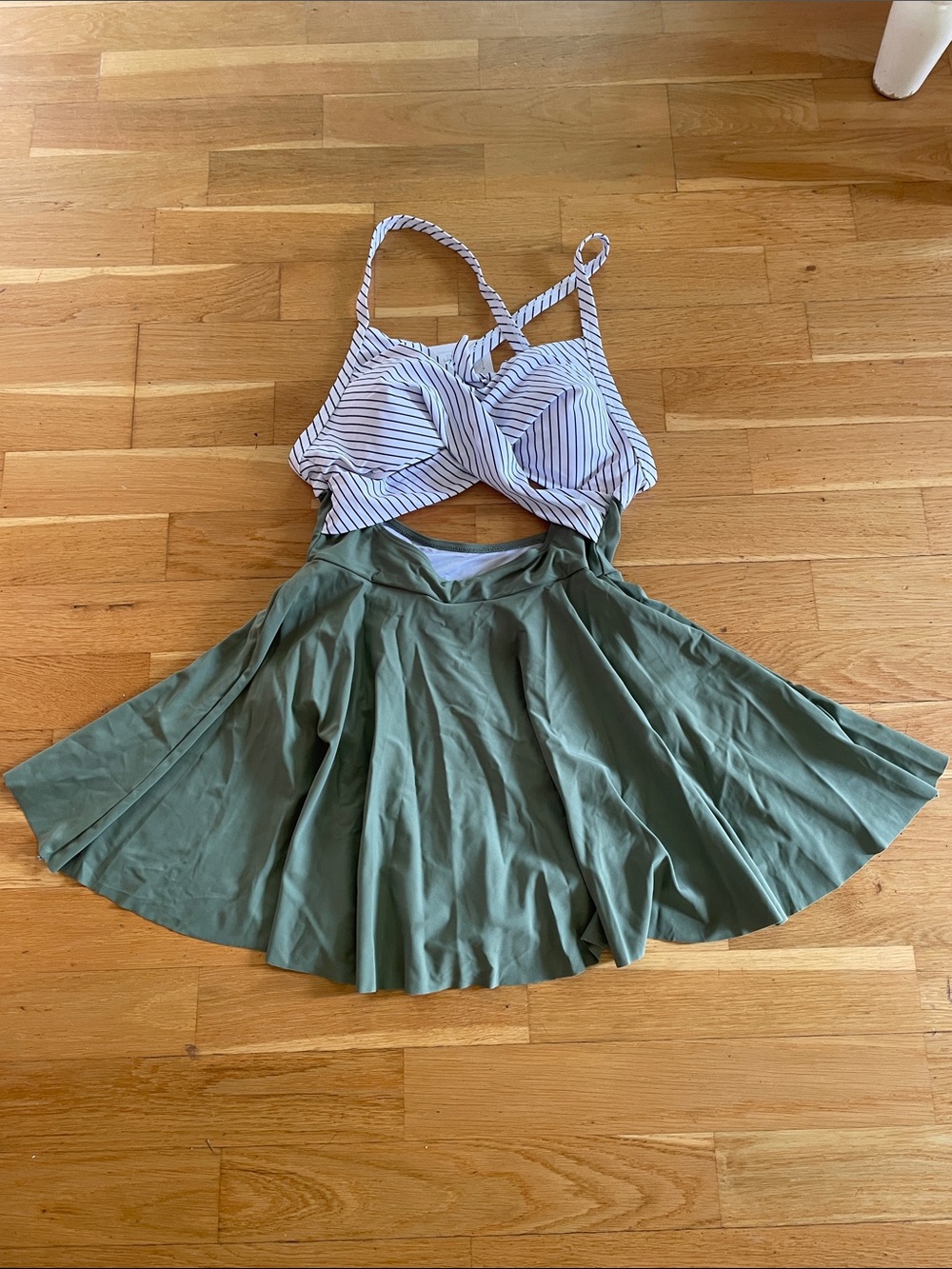 Striped White and Olive Skirted One-Piece Swimsuit